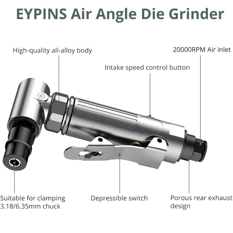 EYPINS Air â€ŽRight Angle Die Grinder 1/4" 90 Degree Heavy Duty 20,000 RPM Compressed Sander Polisher Tool for Contour Grinding, Polishing, Milling, 12PCS - Image 3